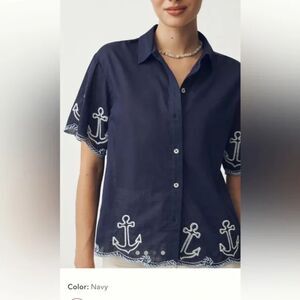 Anthropologie Maeve The Henrietta Surf Shirt Navy Blue White Anchor Embroidery